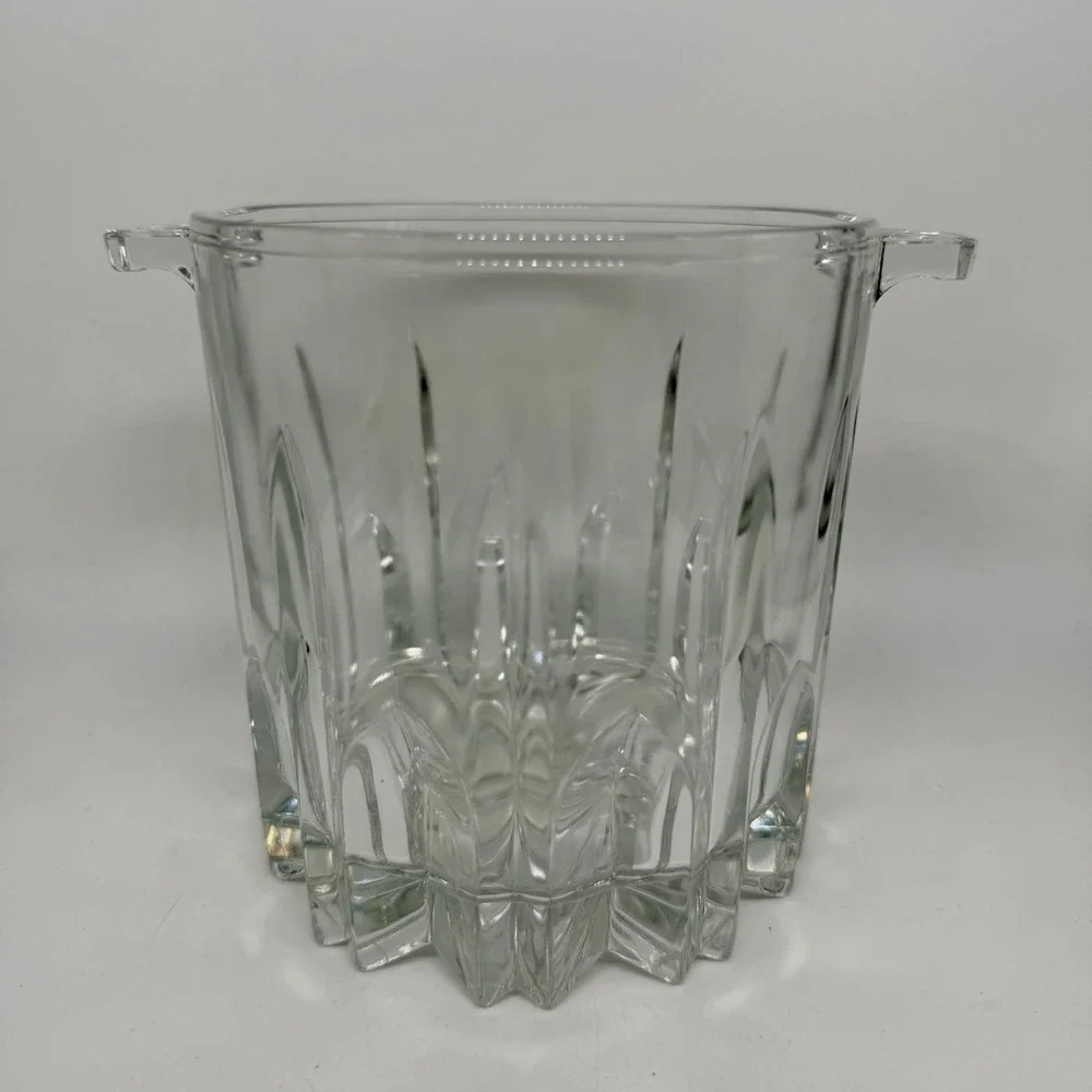 Italy Clear Glass Ice Bucket Heavy Panel Cut Starburst Base Vintage Barware